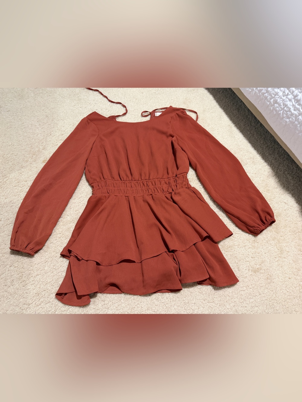 Altar'd State Rust/Terracotta Long-Sleeve Tiered Romper